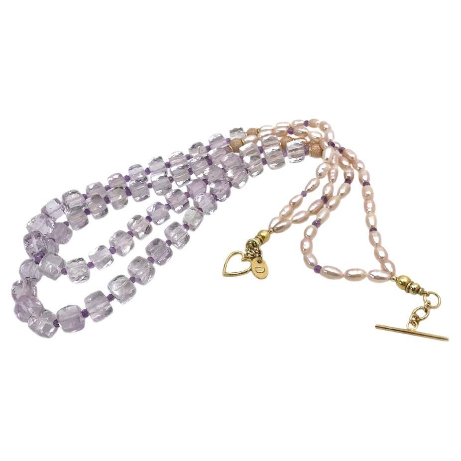 Double Strand Amethyst Cube & Pearl Necklace For Sale