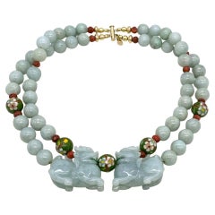 Pair Carved Lavender Jade Foo Dogs with Double Strand Jade Necklace