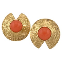 1980s Givenchy Gold Textured Clip-On Earrings with Orange Cabochons