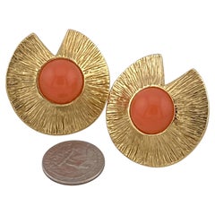 1980s Givenchy Gold Textured Clip-On Earrings with Orange Cabochons