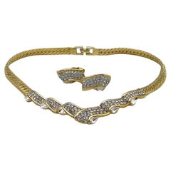 Vintage Givenchy Rhinestone on Gold-tone Necklace and Clip-on Earrings Set