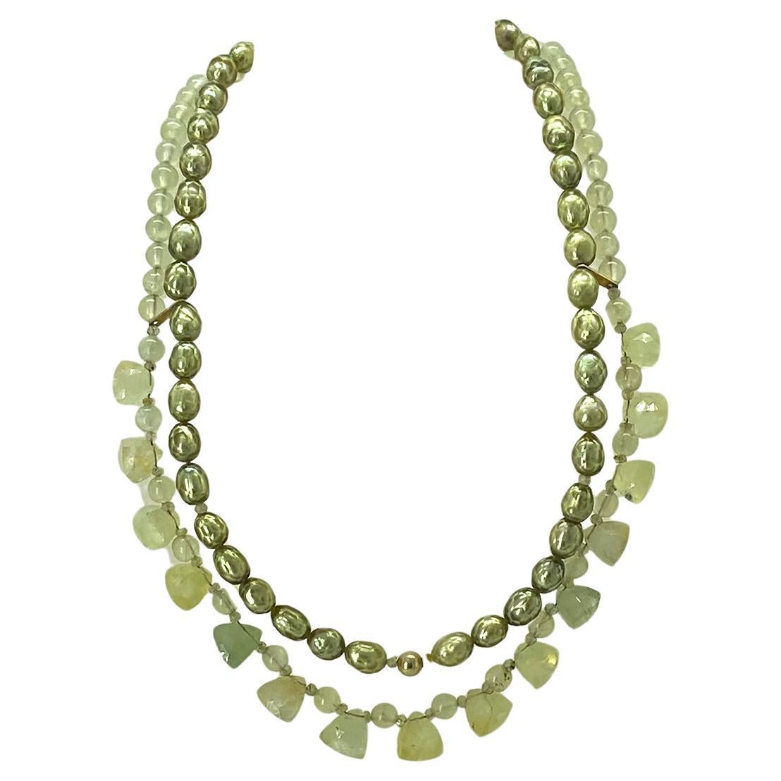 Artisan Collier à deux brins en prehnite et or en vente