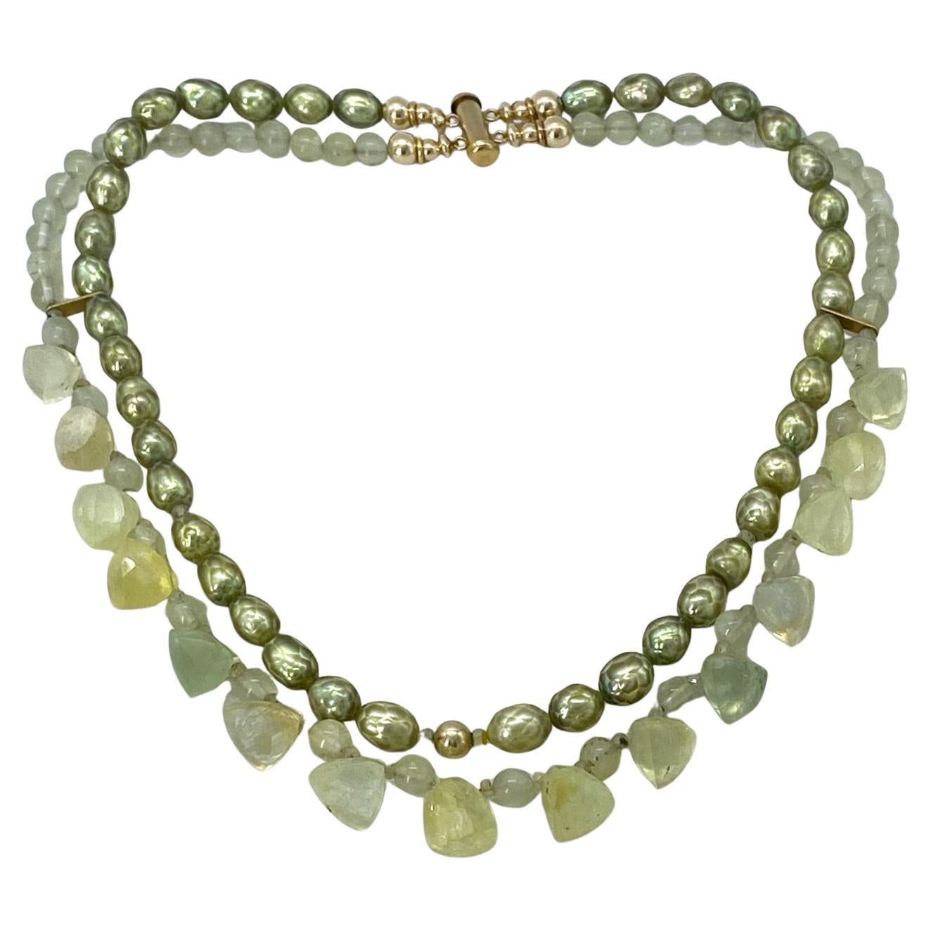 Perle Collier à deux brins en prehnite et or en vente