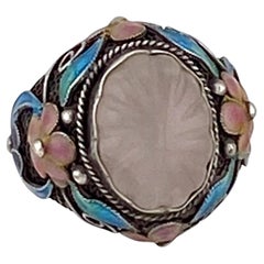 Anello di Cloisonne in Sterlina d'epoca con quarzo rosa