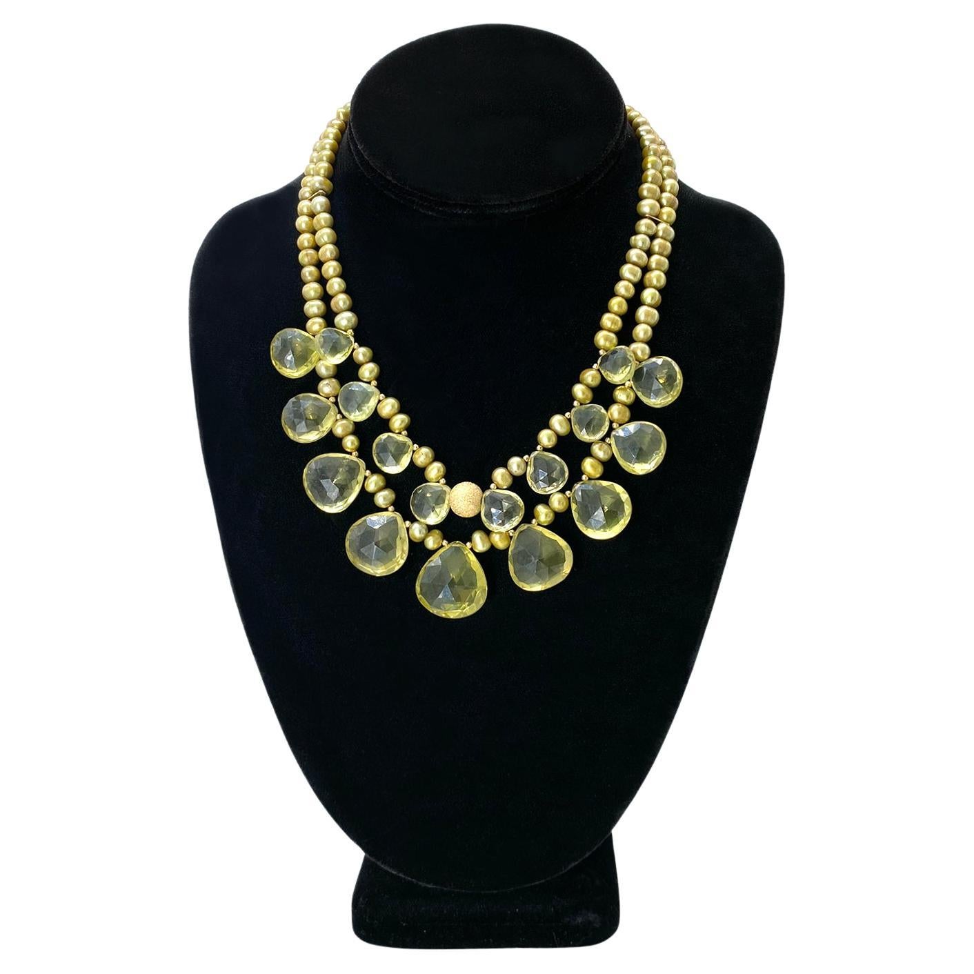 Collier à deux brins avec briolette en forme de coeur en quartz citron et or 14K en vente 1