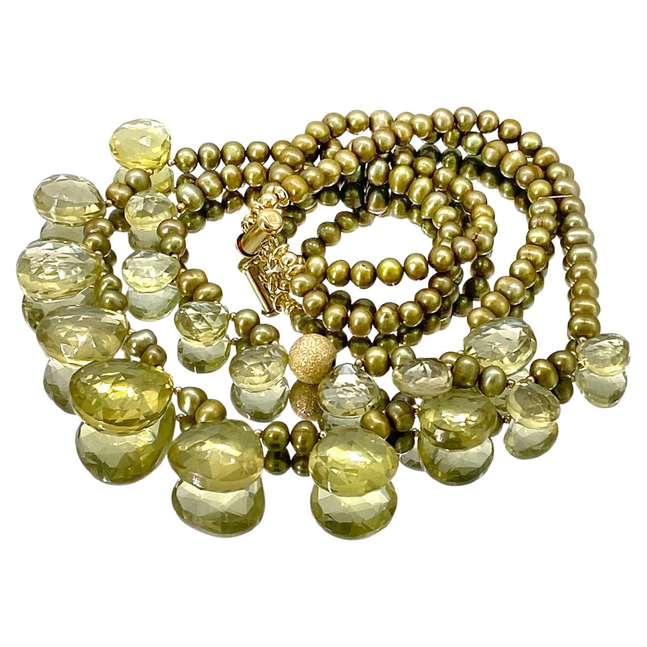 Collier à deux brins avec briolette en forme de coeur en quartz citron et or 14K Pour femmes en vente