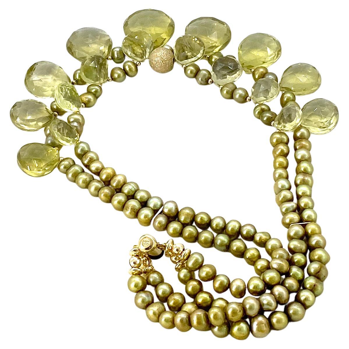 Perle Collier à deux brins avec briolette en forme de coeur en quartz citron et or 14K en vente
