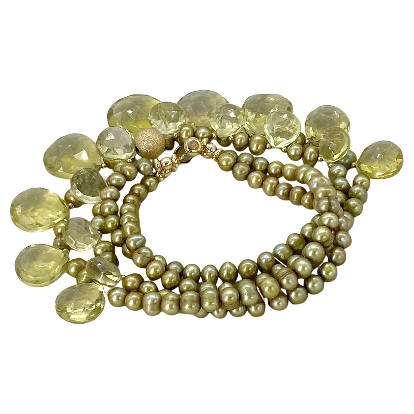 Collier à deux brins avec briolette en forme de coeur en quartz citron et or 14K Neuf - En vente à Atlanta, GA