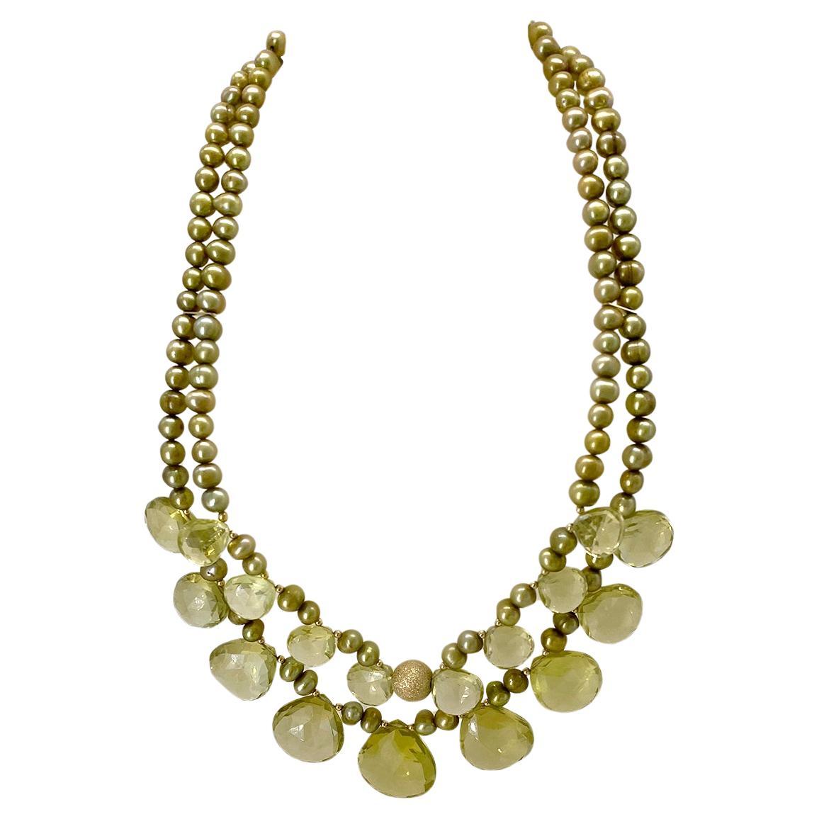 Artisan Collier à deux brins avec briolette en forme de coeur en quartz citron et or 14K en vente
