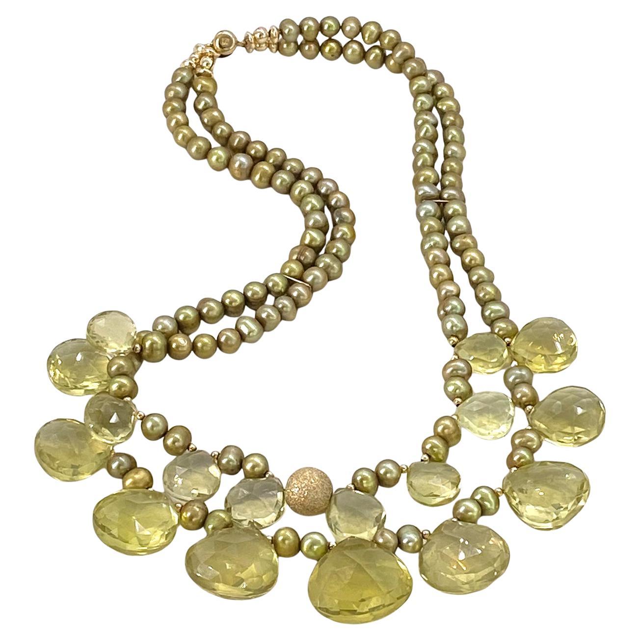 Collier à deux brins avec briolette en forme de coeur en quartz citron et or 14K en vente