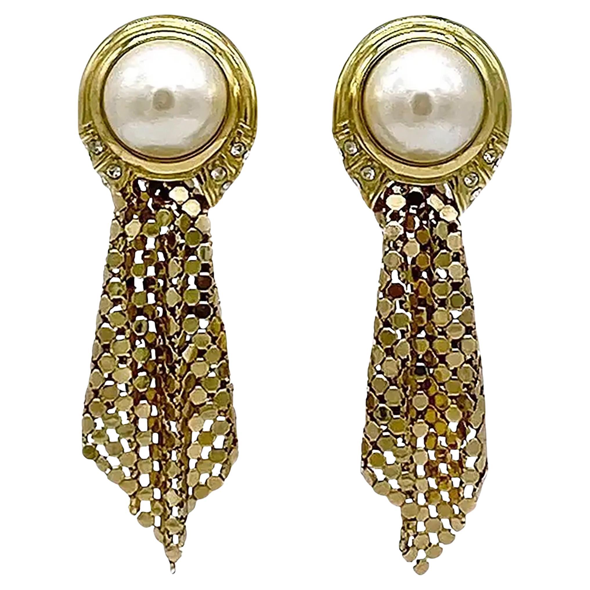 Whiting & Davis Mesh w/Pearl Drop Earrings For Sale
