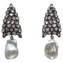 Baroque Pearl and CZ Drop Earrings in Black Gold Plated Silver