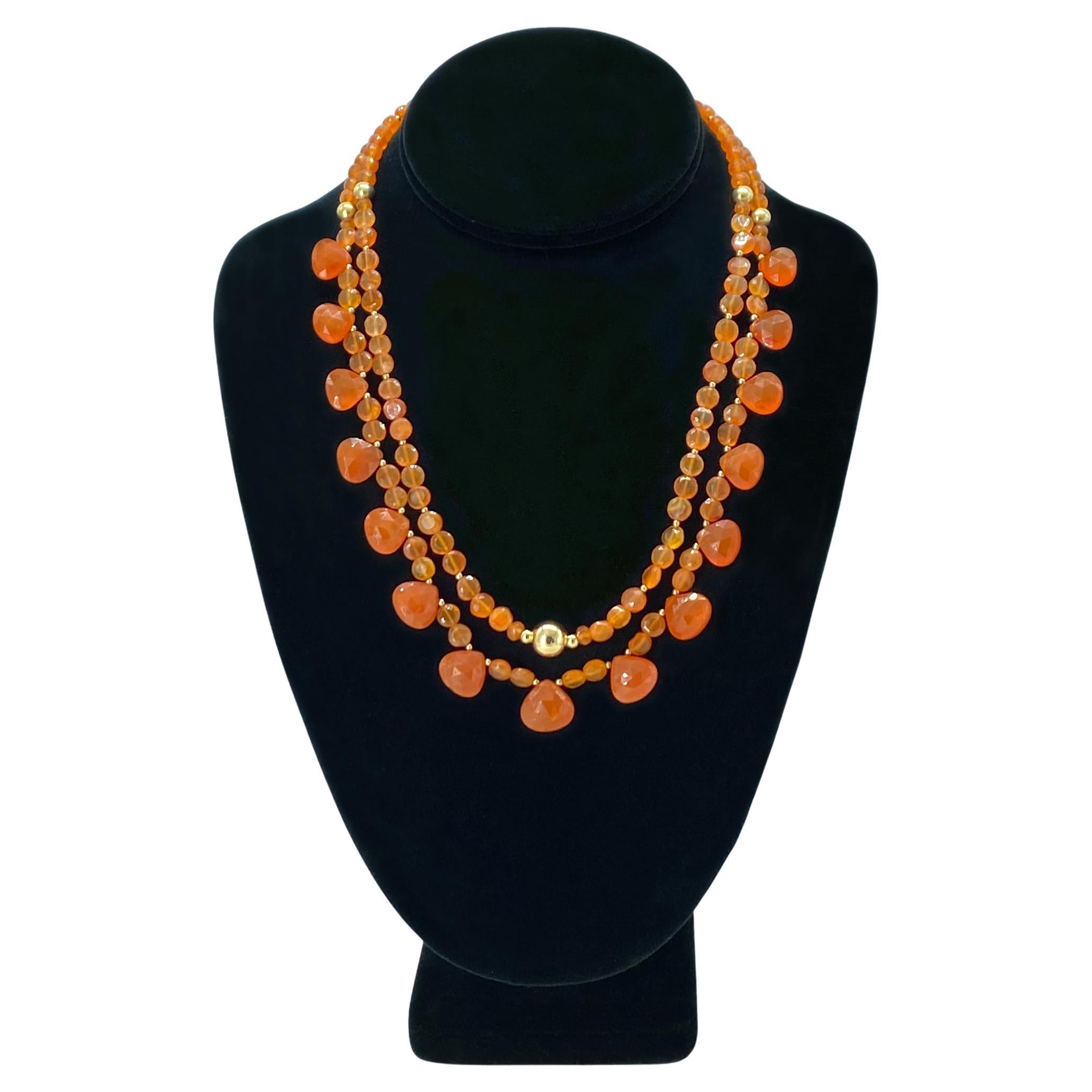 Collar de dos vueltas de cornalina con briolette de corazón, bañado en oro de 14 quilates