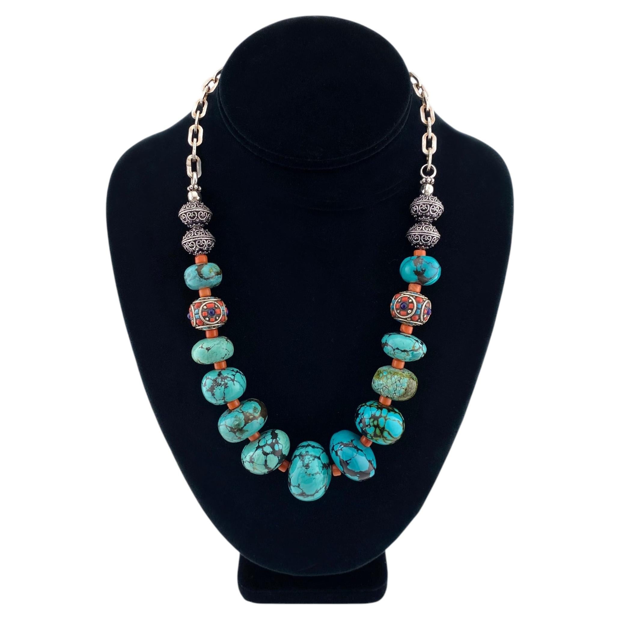 Collana di perle di turchese cinese con catena in A. Silver, 20 pollici
