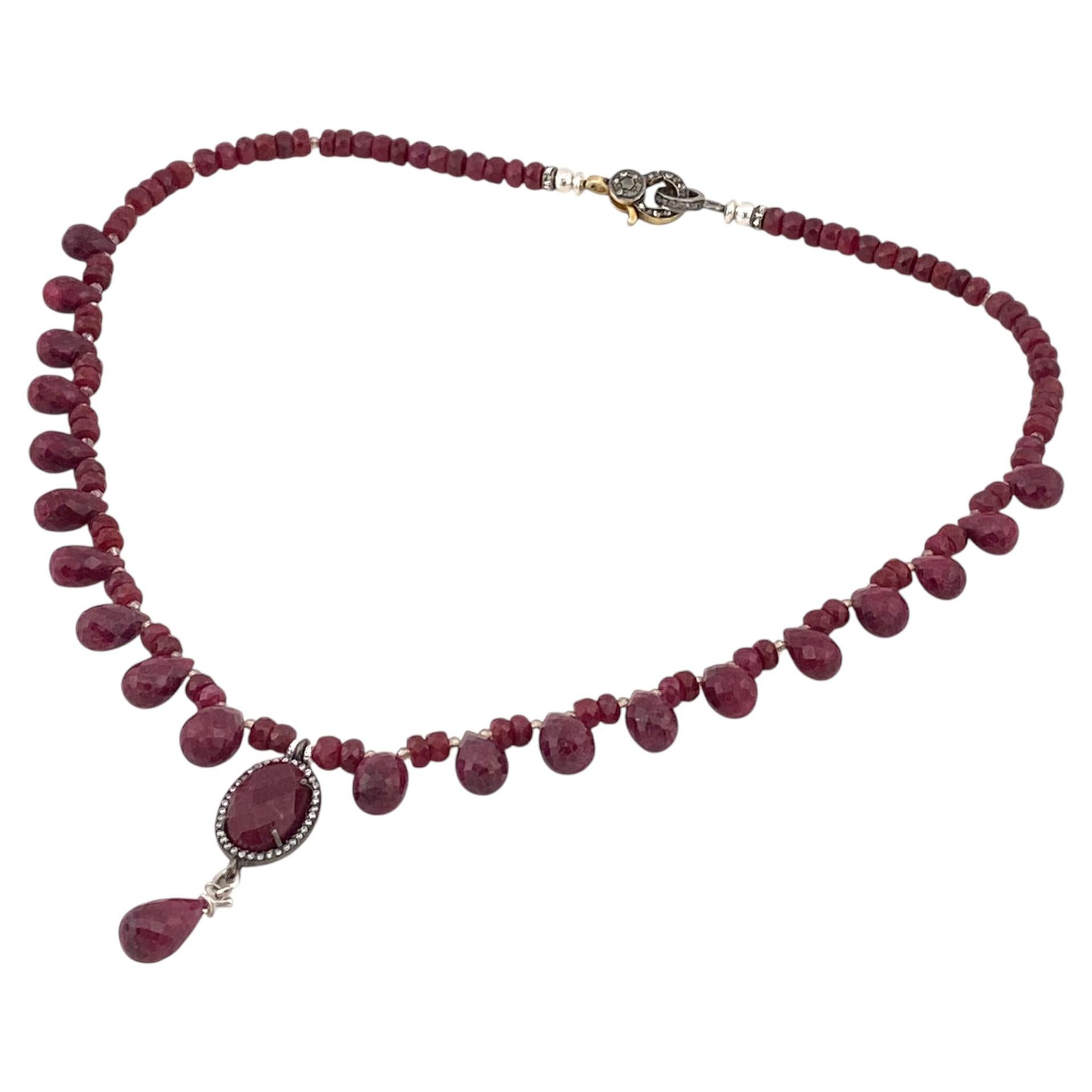 Ruby and Diamond Necklace with Labradorite Spacers, 17 Inch Length