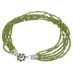 Translucent Peridot Six Strand Necklace with Sterling Silver Jeweled Clasp