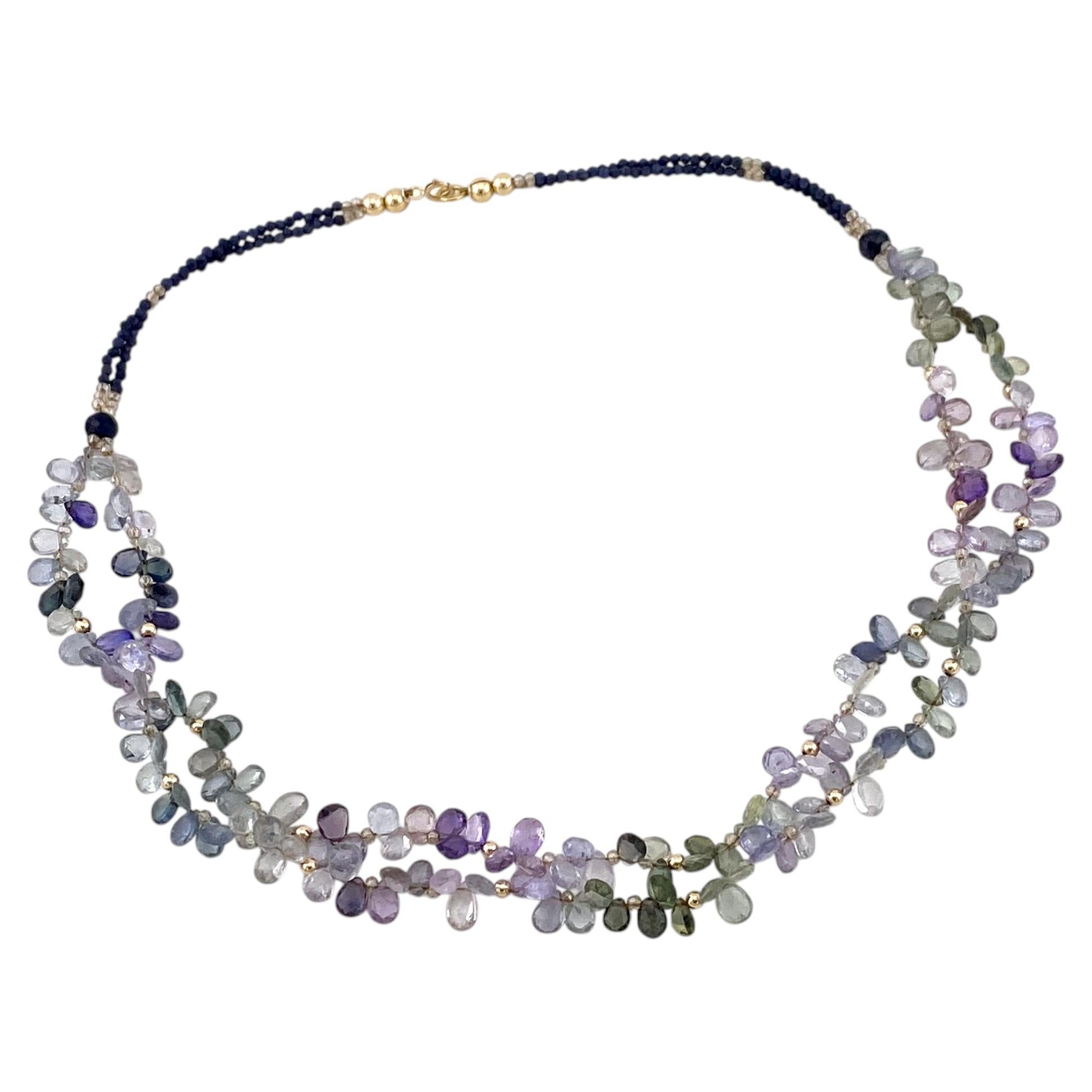 Collier à double rang en or massif 14 carats, orné de saphirs fantaisie multicolores transparents en vente
