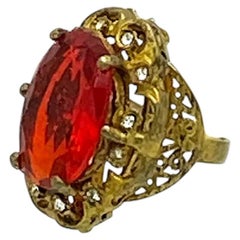Turkish Gilt Metal Cocktail Ring with Red Glass Stone, Size 6.5