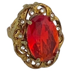 Turkish Gilt Metal Cocktail Ring with Red Glass Stone, Size 6.5