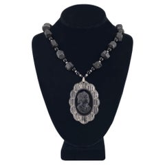 Natural Black Tourmaline Necklace with Bakelite Cameo Pendant, 20 inches