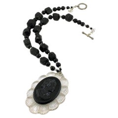 Natural Black Tourmaline Necklace with Bakelite Cameo Pendant, 20 inches