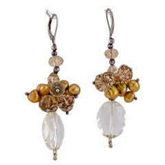 Vintage Copper Color Freshwater Pearl and Crystal Dangle Earrings