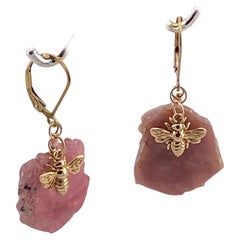 14K Gold Filled Pink Tourmaline Slice Dangle Earrings with Bees