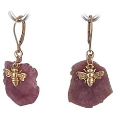 14K Gold Filled Pink Tourmaline Slice Dangle Earrings with Bees