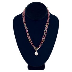 14K Gold Tourmaline Multi-Color Flexible Necklace with Pearl Pendant, 36.5 Inch