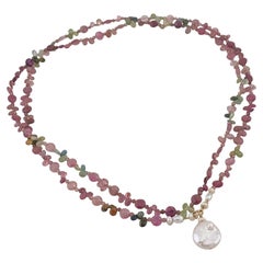 14K Gold Tourmaline Multi-Color Flexible Necklace with Pearl Pendant, 36.5 Inch