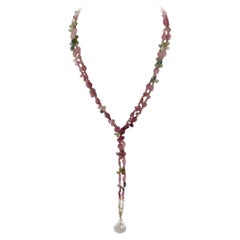 14K Gold Tourmaline Multi-Color Flexible Necklace with Pearl Pendant, 36.5 Inch