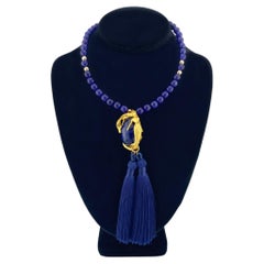 Agate Necklace with Vermeil Mermaid Pendant & Silk Tassels