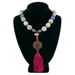 Jadeite & Coral Pendant Necklace with Antique Cinnabar and Silk Tassels