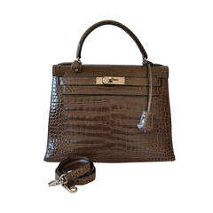 Vintage Hermes Kelly 28 Vert de gris Porosus crocodile