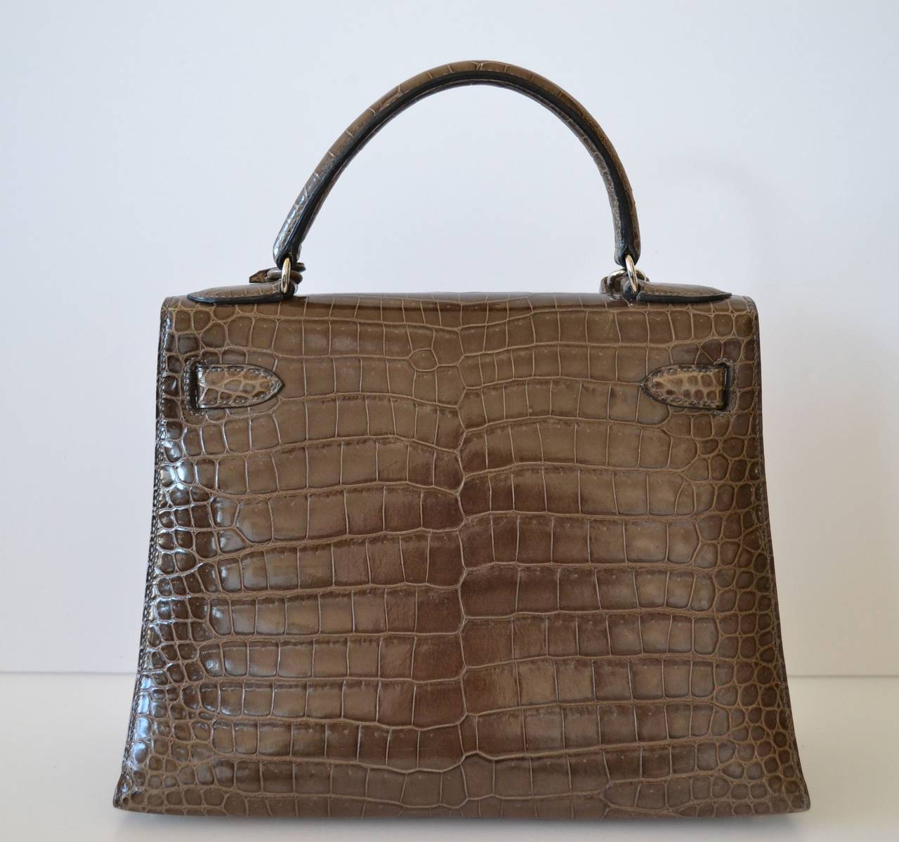 Hermes Kelly 28 Vert de gris Porosus crocodile
Rare size
Crocodile Porosus
 
Vert de gris color is a particular color which can have two tones.
Vert de gris is between « Gris elephant » and Olive
Lining is in grey-green color 
 
Palladium