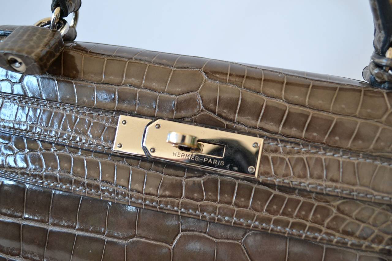 Hermes Kelly 28 Vert de gris Porosus crocodile at 1stDibs