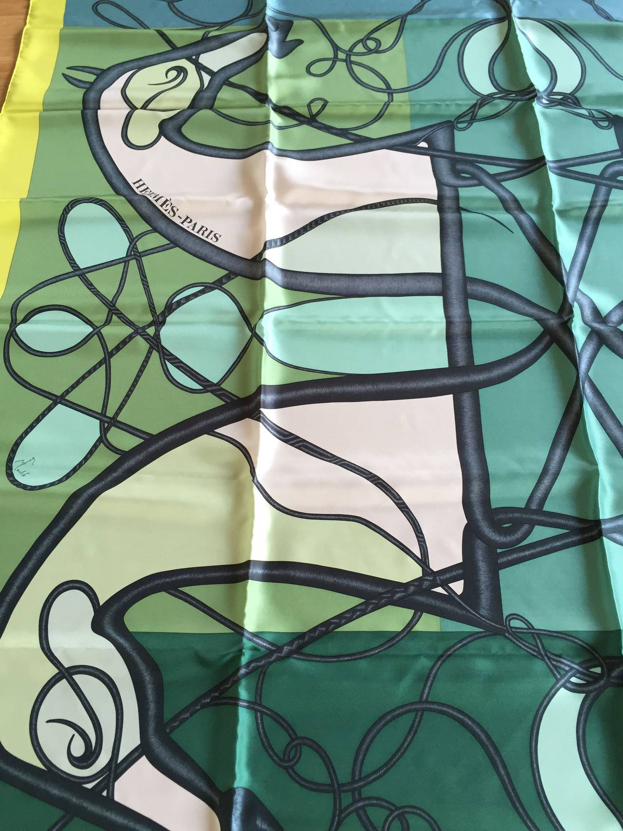 Hermès Coup de Fouet shawl
XL size 
100% Silk 
Green, white, grey tones 

Dimensions : 
140 x 140 cms 
55 x 55 inches

It comes with a Hermes box and silk paper
Retail price : 890 dollars