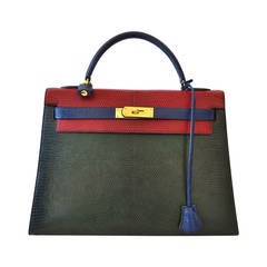 Vintage Hermes Kelly 32 Lizard Tricolore