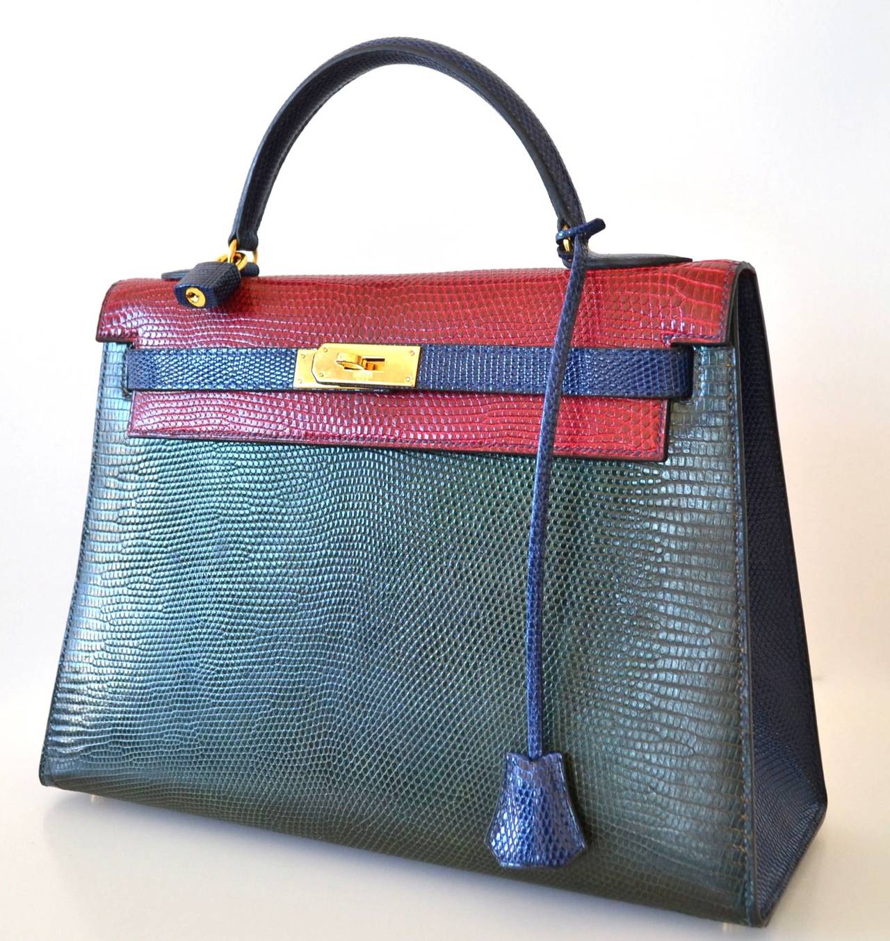 Hermes Kelly 32 Lizard Tricolore In Excellent Condition In Paris, FR