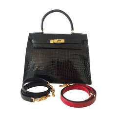 Vintage Hermes Kelly 28 black Porosus crocodile