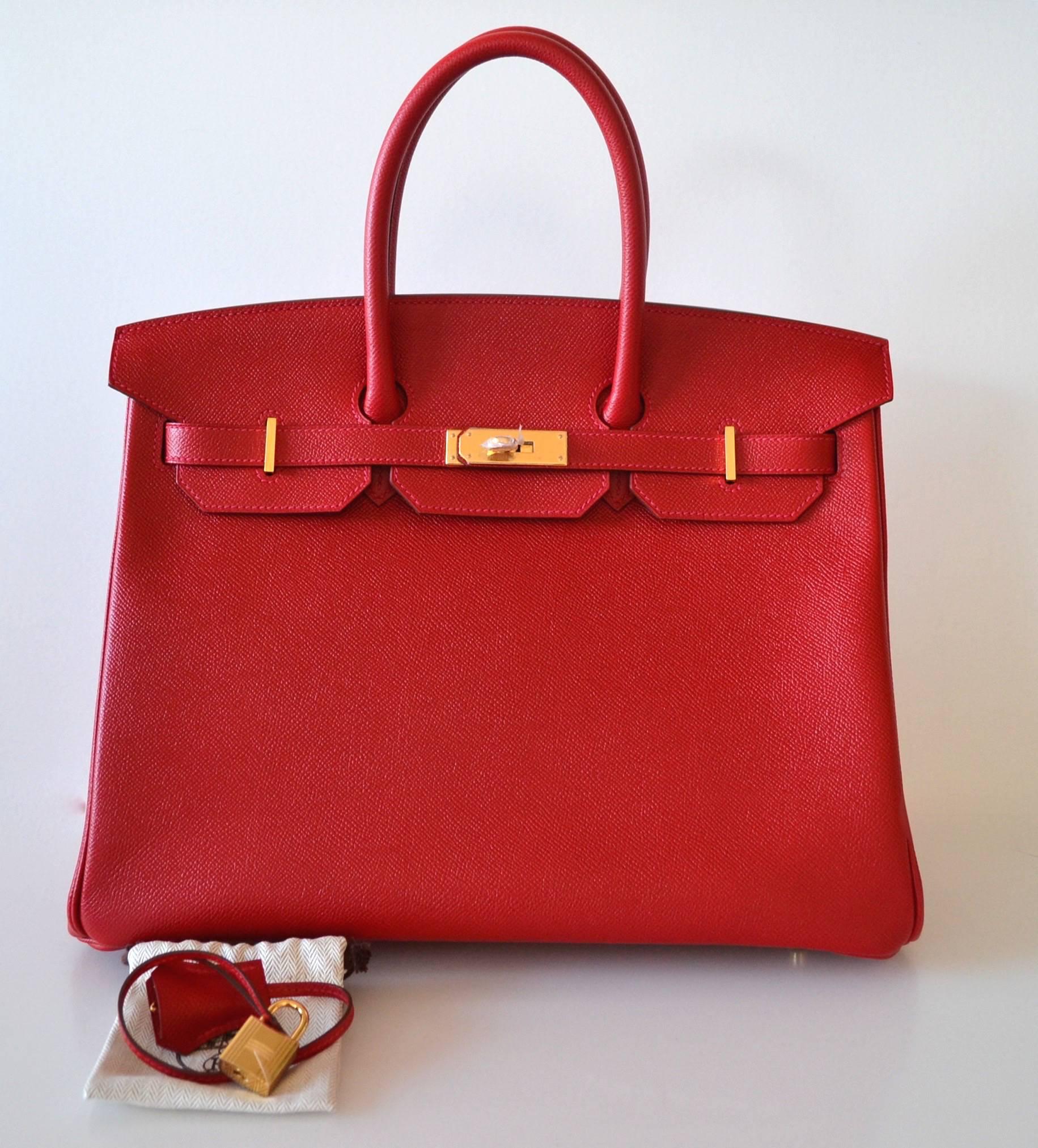 Hermès Birkin 35 Epsom Rouge Casaque ghdw
 
Epsom Leather 
Gold plated hardware
This Hermès Birkin is in new condition – Never used and never worn
Novembre 2015
 
Stamp T
Hermès Paris - Made In France
 
Dimensions:  
35 cm L x 25 cm H