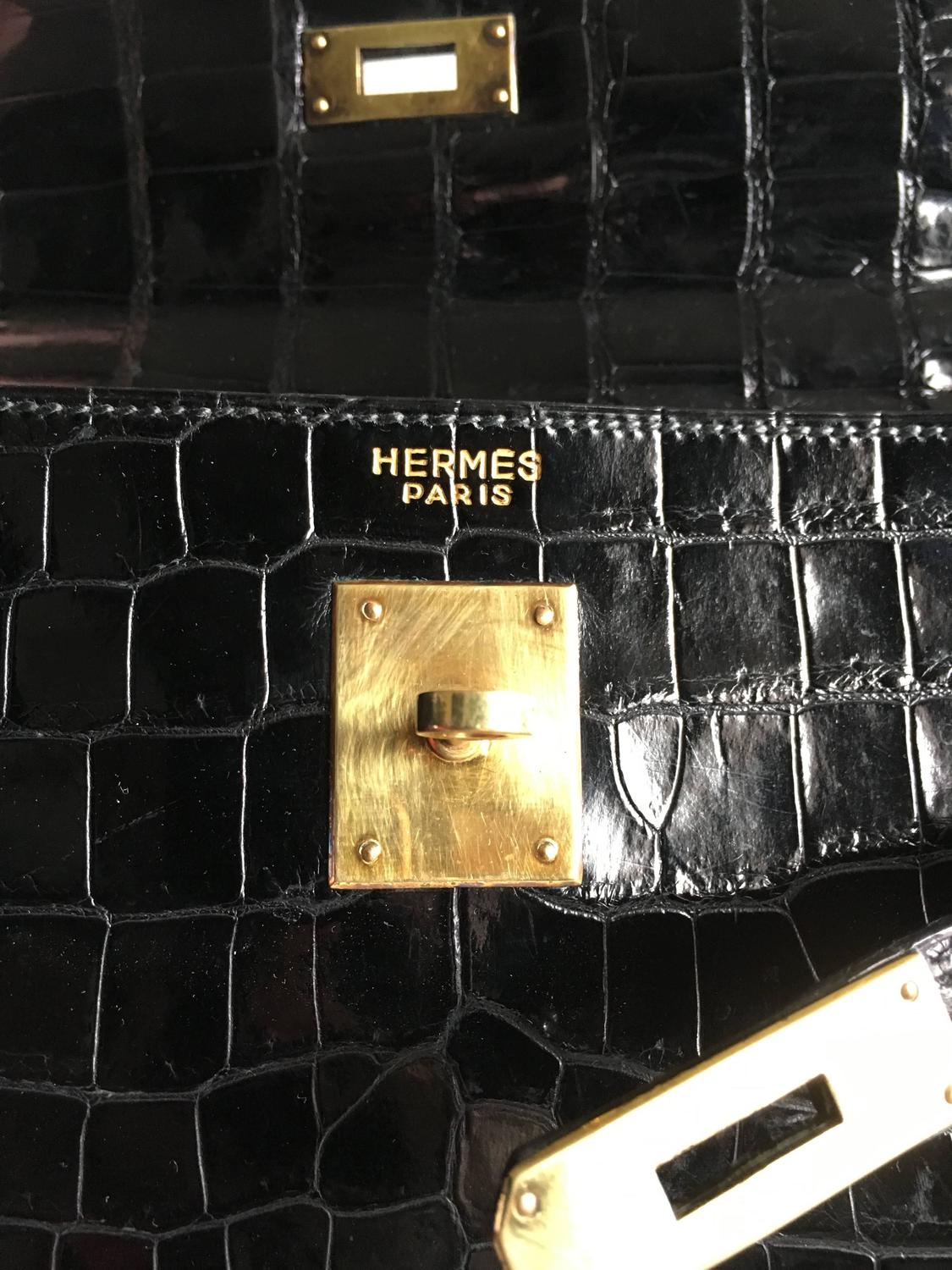 Hermes Kelly 32 Black Crocodile Porosus For Sale at 1stdibs  