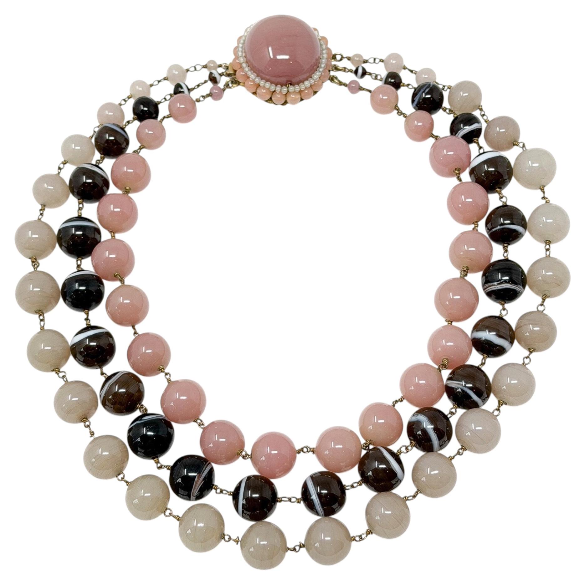 Vintage French 1950s Pink and Brown Glass Bead Statement Necklace