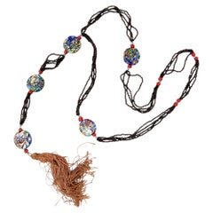 Art Deco 1920s Millefiori Glass Bead Vintage Tassel Flapper Necklace
