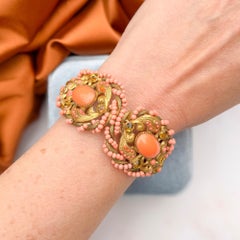 Vintage c.1940 Coral Glass and Yellow Rhinestone Clamper Cuff