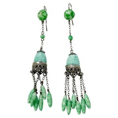 Art Deco 1920s Green Glass Vintage Beaded Tassel Earrings