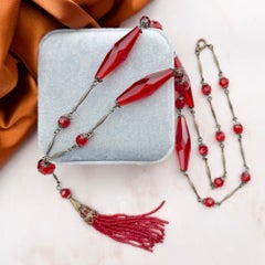 Art Nouveau c.1900 Red Glass and Gilded Metal Antique Tassel Necklace