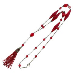 Art Nouveau c.1900 Red Glass and Gilded Metal Antique Tassel Necklace
