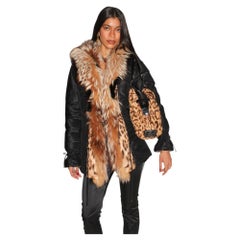 Veste matelassée en soie Roberto Cavalli, collection automne-hiver 2004, avec bordure en fourrure de renard et doublure léopard