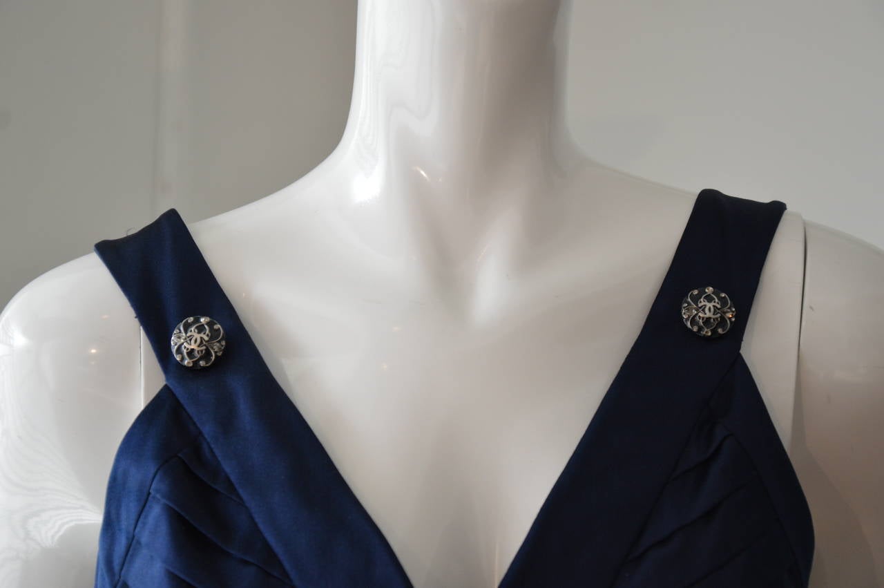 Women's Late 1980s Chanel Navy Blue Pleated Silk Satin Dress For Sale